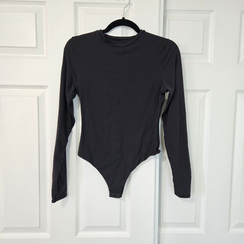 Skims Essential Long Sleeve Crew Neck Bodysuit Onyx Black Large Compressive L